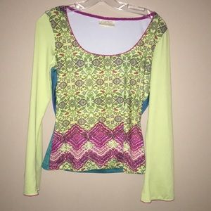 Cach’e Long Sleeve Multi-print Shirt Beaded Neck